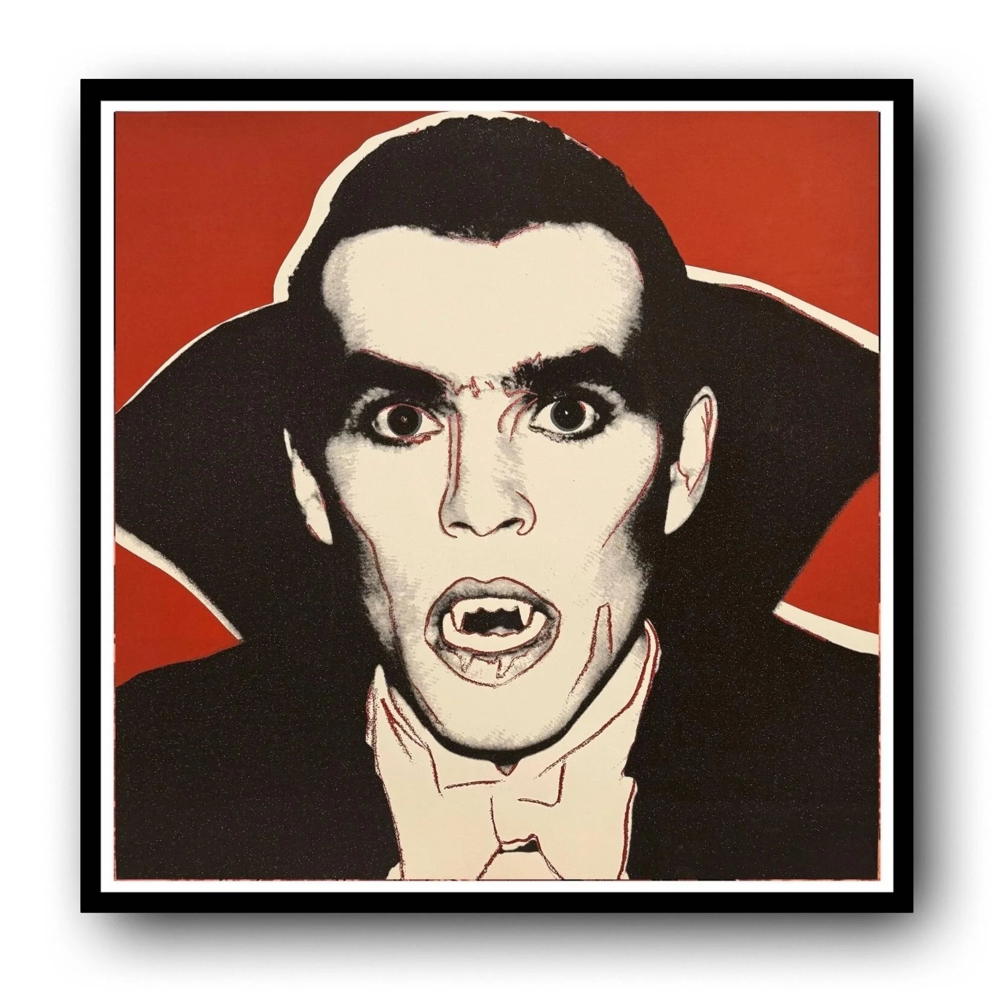 Framed artwork of a dracula character with dark hair and cape on a red background